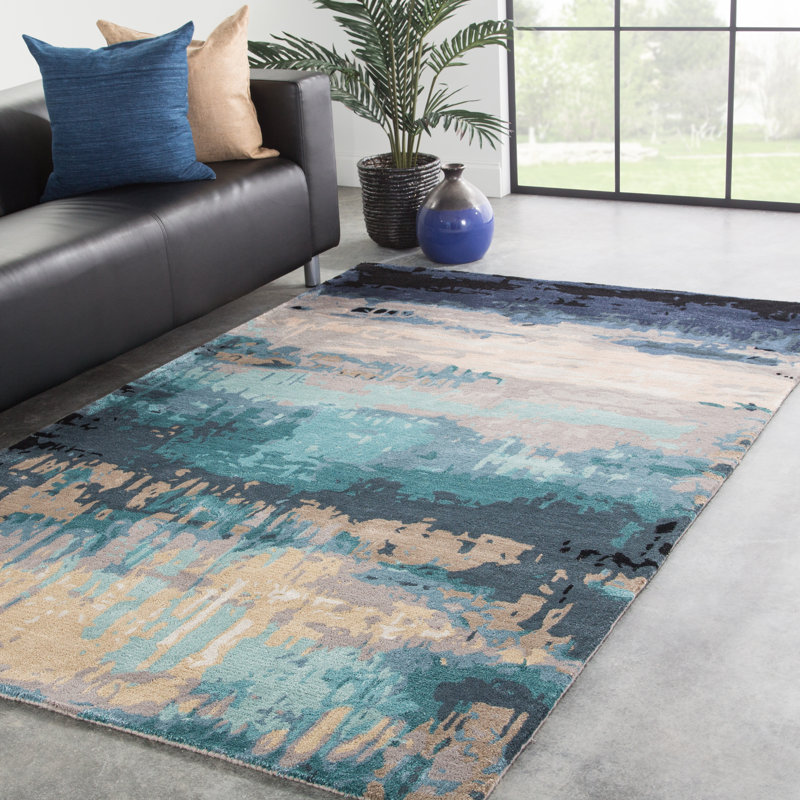 Ivy Bronx Fairmount Abstract Handmade Tufted Blue/Beige/Brown Area Rug